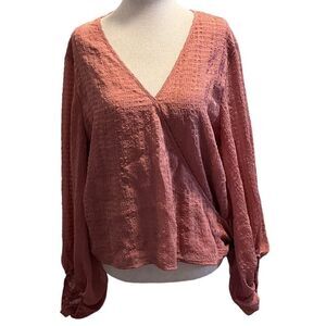 The Line Of Style Womens Faux Wrap Blouse Balloon Sleeves Buckle Front Salmon